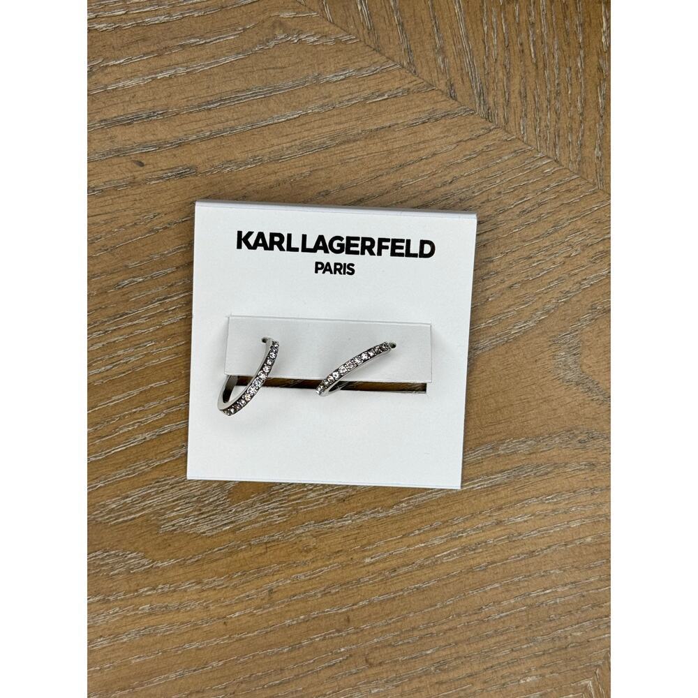 Karl Lagerfeld Paris Silver Crystal Hoop Earrings Small Pave Rhinestone Hoops - Picture 3 of 4
